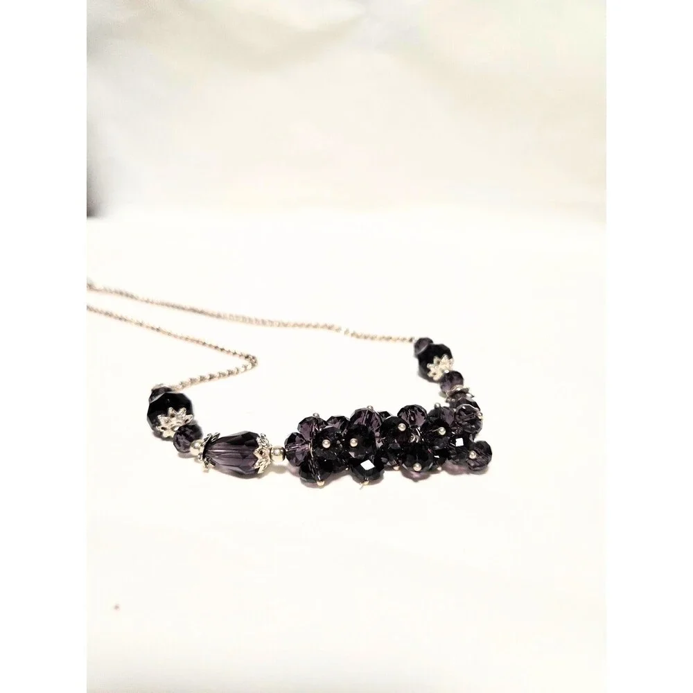 Purple Faceted Beaded Statement Necklace Silver Tone Chain Adjustable Length